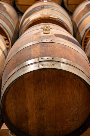 Wine cellar with oak wooden barrels in old wine domain on Sauternes vineyards in Barsac village with grapes affected by Botrytis cinerea noble rot, making of sweet dessert Sauternes wines in Bordeaux, Franceの写真素材