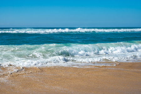 View on Plage de Horizon, Plage de l'ocean near Le Phare du Cap Ferret and Duna du Pilat, Cap Ferret peninsula, France, southwest of Bordeaux, France's Atlantic coastline in sunny dayの写真素材