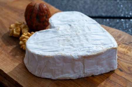 Cheese collection, French cheese from Normandy region, heart-shaped Neufchatel from farm shop close upの写真素材