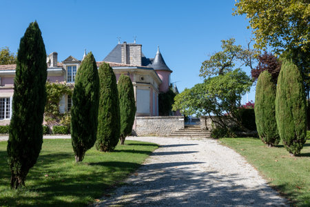 Views of typical wine domain or chateau in Haut-Medoc red wine making region, Pauillac village, Bordeaux, left bank of Gironde Estuary, Franceの写真素材