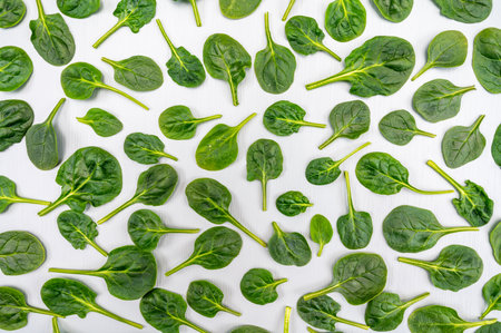 Fresh green baby Spinach leaves, diet and healthy food concept, weight loss, spinach background top...