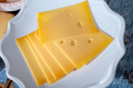Cheese collection, Dutch ripe hard cheese made from cow milk in the Netherlands in piece and sliced close upの写真素材