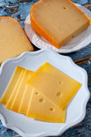 Cheese collection, Dutch ripe hard cheese made from cow milk in the Netherlands in piece and sliced close upの写真素材
