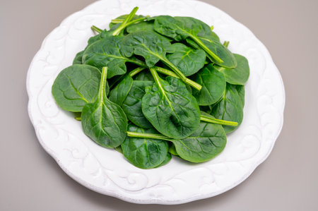 Fresh green baby Spinach leaves, diet and health concept, weight loss, washed spinach on ceramic plate, copy spaceの写真素材