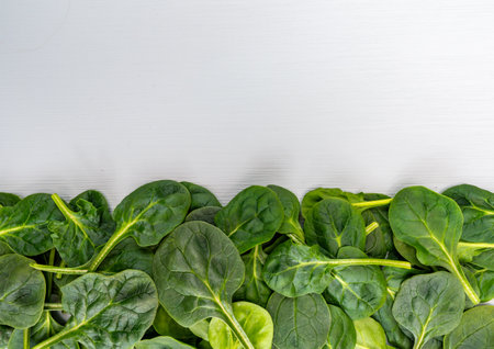 Fresh green baby Spinach leaves, diet and healthy food concept, weight loss, spinach background top...