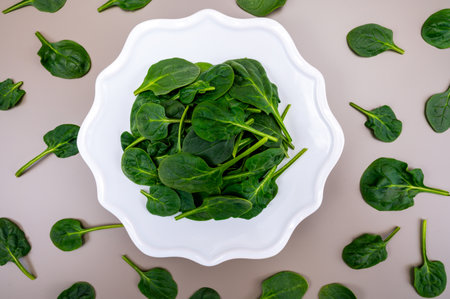 Fresh green baby Spinach leaves, diet and health concept, weight loss, washed spinach on ceramic plate, copy spaceの写真素材