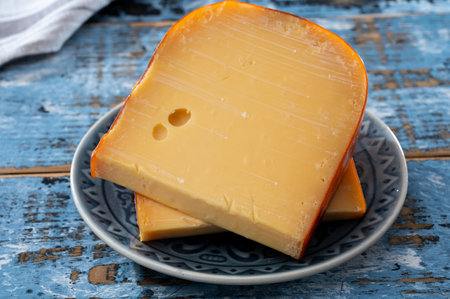 Cheese collection, Dutch ripe hard cheese made from cow milk in the Netherlands in piece and sliced close upの写真素材