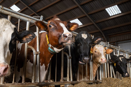 Feeding of cows on organic cheese farm in Netherlands, dutch gouda hard cheese production, farm visitの写真素材