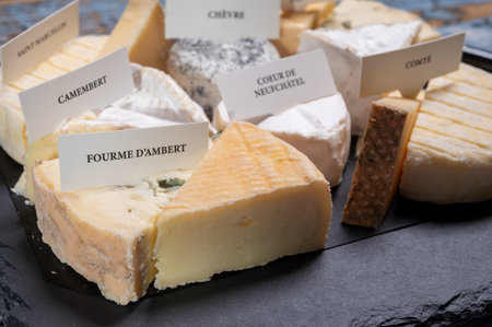 Tasting plate with small pieces of different French cheeses with name labels, close upの写真素材
