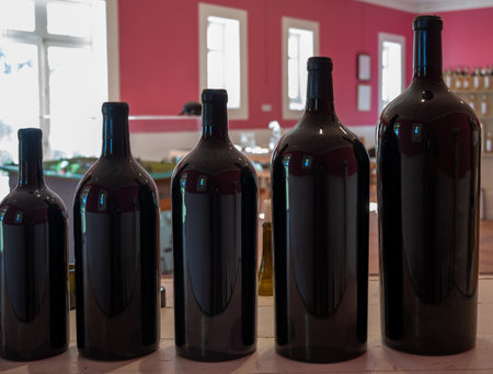 Different sizes of unlabled bottles of red Bordeaux wine in tasting room, wine domain in Haut Medoc, wine tour and degustations, Franceの写真素材