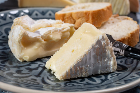 French soft Camembert cheese, original Camembert de Normandie, piece, close up with white moldの写真素材