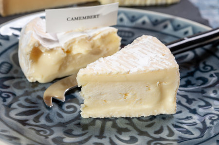 French soft Camembert cheese, original Camembert de Normandie, piece, close up with white moldの写真素材