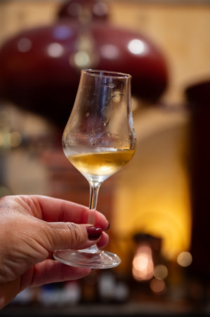 Tasting of cognac spirit aged in old dark French oak barrels in cellar in distillery house, Cognac white wine region, Charente, Segonzac, Grand Champagne, Franceの写真素材