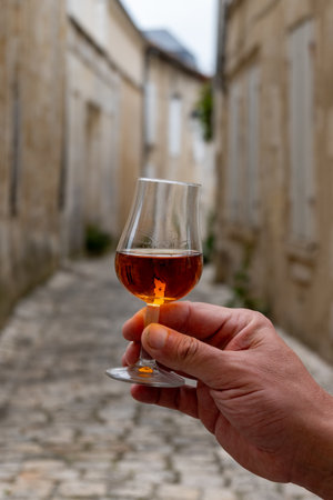 Tasting of aged in barrels cognac alcohol drink and view on old streets and houses in town Cognac,...