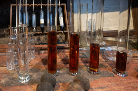 Blending process of cognac spirit and old dark French oak barrels in cellar in old family distillery house, Cognac white wine region, Charente, Segonzac, Grand Champagne, Franceの写真素材