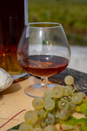 Tasting of Cognac strong alcohol drink in Cognac region, Grand Champagne, Charente with rows of ripe ready to harvest ugni blanc grape on background uses for spirits distillation, Franceの写真素材