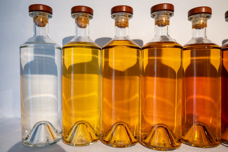 Different colors and ages of cognac spirits in bottles in distillery, Cognac white wine region, Charente, visiting of old spirits distillation house, France in Segonzac, Grand Champagneの写真素材