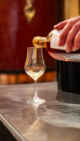 Tasting of cognac spirit aged in old dark French oak barrels in cellar in distillery house, Cognac white wine region, Charente, Segonzac, Grand Champagne, Franceの写真素材