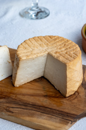Cheese collection, piece of round fresh smoked Spanish goat cheese close upの写真素材