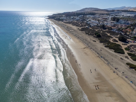 Aeriav view on sandy dunes, beach and Costa Calma, Fuerteventura, Canary islands, Spain in winter, sunny winter dayの写真素材
