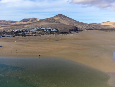 Aerial view on sandy dunes and blue turquoise water of Sotavento beach, Costa Calma, Fuerteventura, Canary islands, Spain in winterの写真素材