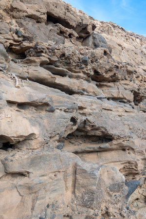Oldest rocks of Canary Islands in cave network in town of Ajuy, north of Pajara, geological wonder consists of sedimentary substrates formed in deep ocean, Cretaceous periodの写真素材