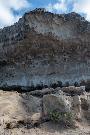 Oldest rocks of Canary Islands in cave network in town of Ajuy, north of Pajara, geological wonder consists of sedimentary substrates formed in deep ocean, Cretaceous periodの写真素材