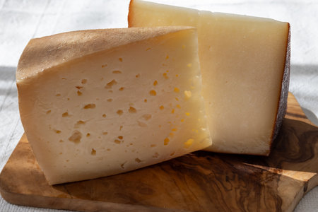 Spanish hard manchego, cow, sheep and goat cheese close upの写真素材