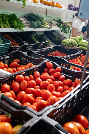 New harvest of fresh ripe red tomatoes in box on farmers marketの写真素材