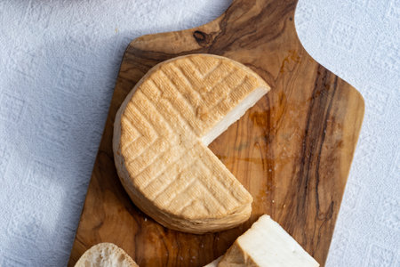 Cheese collection, piece of round fresh smoked Spanish goat cheese close up