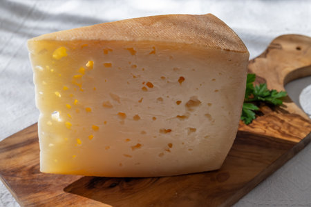 Spanish hard manchego, cow, sheep and goat cheese close upの写真素材