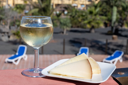 Spanish hard manchego, cow, sheep and goat cheese, glass of cold white wine and blue swimming pool on backgroundの写真素材