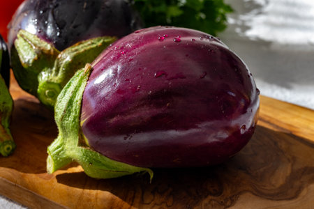 Raw young eggplants vegetables from organic vegetables farm on Fuerteventura island, Canary islands, Spainの写真素材
