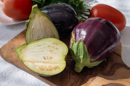 Raw young eggplants vegetables from organic vegetables farm on Fuerteventura island, Canary islands, Spainの写真素材