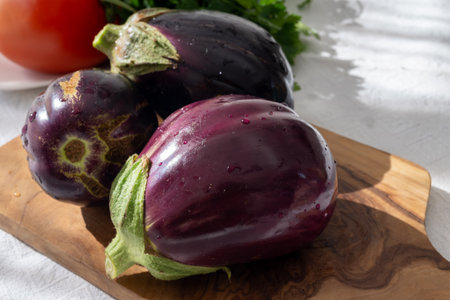 Raw young eggplants vegetables from organic vegetables farm on Fuerteventura island, Canary islands, Spainの写真素材