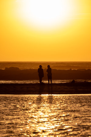Man and woman staying and looking at sunset on ocean beach, orange sky, silhouettes of people on vacation, Canary islandsの写真素材
