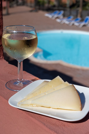 Spanish hard manchego, cow, sheep and goat cheese, glass of cold white wine and blue swimming pool on backgroundの写真素材
