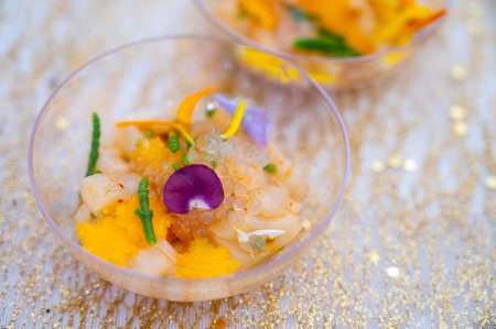 Degustation appetizers for visitors made by great chefs of haute cuisine French restaurants, winter festival, Avenue de Champagne, Epernay, Franceの写真素材