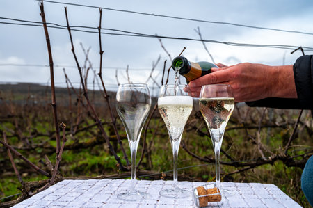 Tasting Champagne wine on Champagne grand cru vineyards near Verzenay, rows grape vines, winter, no leaves, wine making in Franceの写真素材