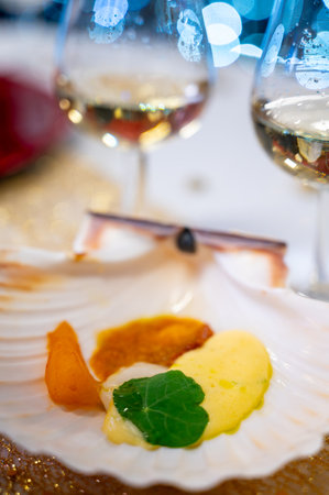 Degustation appetizers for visitors made by great chefs of haute cuisine French restaurants, winter festival, Avenue de Champagne, Epernay, Franceの写真素材