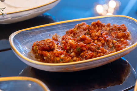 Meze or mezze starter food, selection of small dishes served as appetizers in Albanian, Bosnian, Armenian, Levantine, Turkish, Bulgarian, Greek, Egyptian, Balkan, Caucasian, Persian cuisinesの写真素材