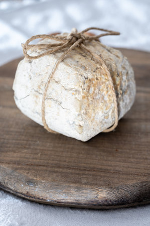 Italian small piece of hard cheese truffleino romano with black summer truffles mushrooms close upの写真素材