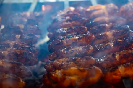 Turkish mixed grill meat, chicken wings, lamb, beef shashlik, kebab cooking on charcoal grill in restaurant in Istanbulの写真素材