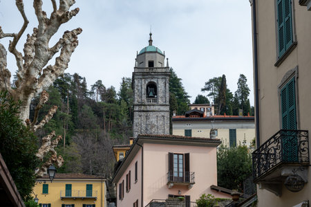 Tourist destination small medieval village of Bellagio with hilly narrow streets and luxurious villas, holiday destination on Lake Como, Italy in springの写真素材