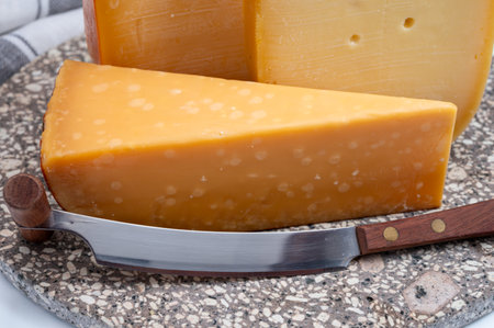 Cheese collection, Dutch ripe hard cheeses made from cow milk in the Netherlands close up