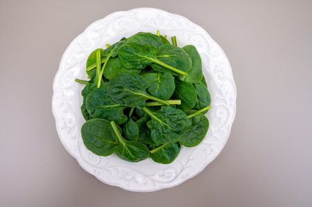 Fresh green baby Spinach leaves, diet and health concept, weight loss, washed spinach on ceramic plate, copy spaceの写真素材