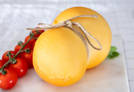 Cheese collection, Italian cheese scamorza, caciocavallo, provolone made from cow milk in South Italy yellow smoked cheese close upの写真素材