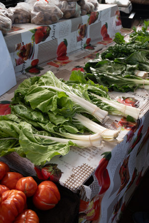 Fresh organic green stem salad leaves on farmers market on Tenerife, Canary islands, Spainの写真素材