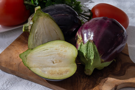 Raw young eggplants vegetables from organic vegetables farm on Fuerteventura island, Canary islands, Spainの写真素材