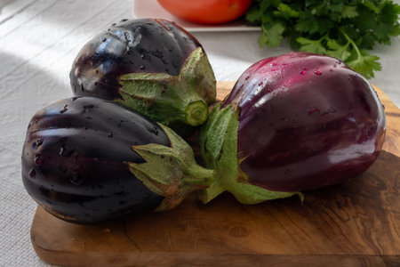 Raw young eggplants vegetables from organic vegetables farm on Fuerteventura island, Canary islands, Spainの写真素材